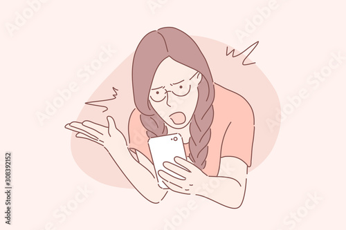 Anger, frustration, confusion concept. Nervous girl looking at smartphone screen. Furious teenager irritated with phone malfunction. Mad woman angry with bad message. Simple flat vector