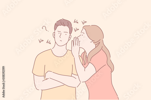 Spreading rumours, gossiping, sharing secrets concept. Young girl whispering in mans ear. Female intriguer telling secret information. Boy confused with annoying gossiper. Simple flat vector