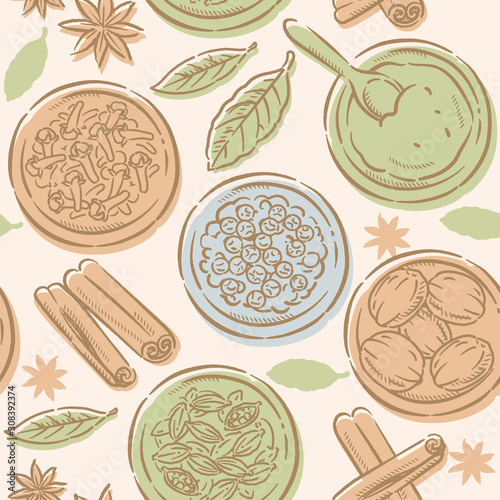 Seamless pattern with spices for garam masala.