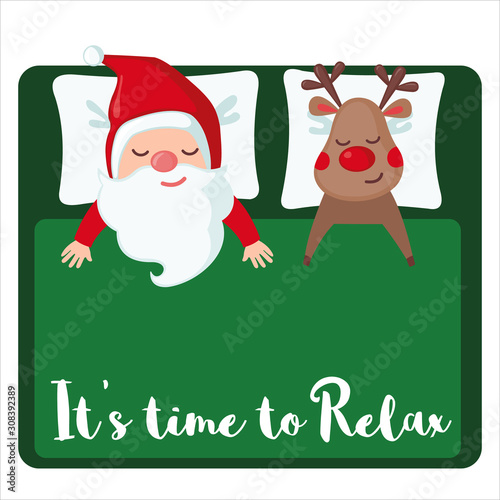 Sleeping Santa Claus and Deer the day after Christmas isolated on white background.