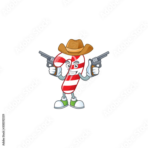 Christmas candy cane cartoon character as a Cowboy holding guns