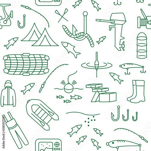 Seamless pattern with green flat line icons . Everything for fishing. Vector background of fishing tackle. photo