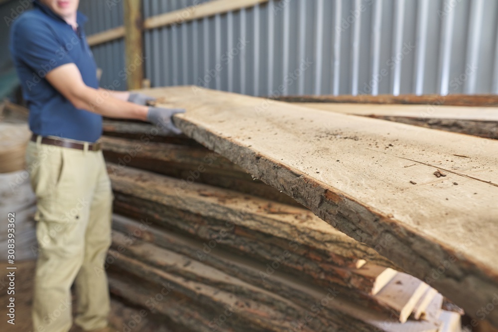 Carpenters hands with plank wood at carpentry woodworking workshop Carpenters hands with plank wood at carpentry woodworking workshop
