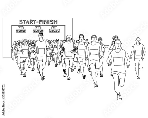 group of people are start running marathon. hand drawn, sketch