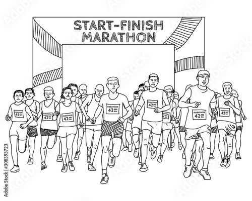 group of people are start running marathon. hand drawn, sketch