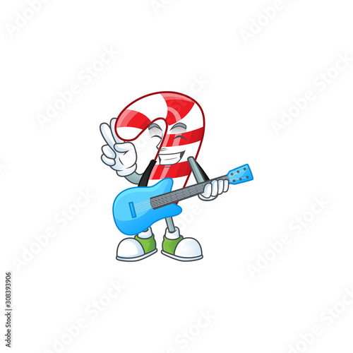 Super cool christmas candy cane cartoon character performance with guitar