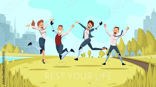 Happy and Positive Lifestyle of Disabled People Trendy Flat Vector Banner, Poster Template. Joyful Men, Women with Limbs Robotic Prosthesis Resting Having Fun in Park, Jumping on Meadow Illustration