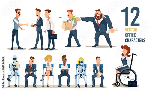 Office Workers, Employees for Hire Trendy Flat Vector Characters Set. Meting with Vacancy Candidates, Work Dismissal, People and Robots Waiting for Job Interview, Woman in Wheelchair Illustrations