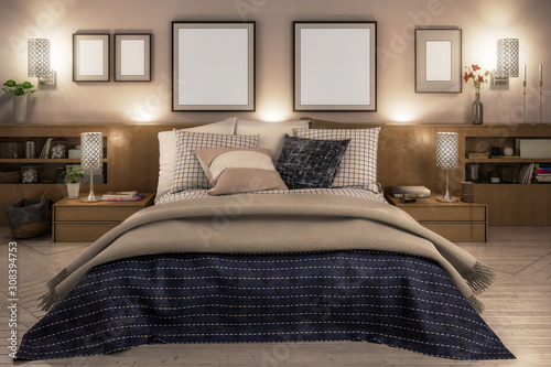Obraz na płótnie Elegant bedroom interior with template frames by artificial light - 3d visualiza