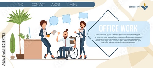 New Profession Professional Training for People with Disabilities Trendy Flat Vector Web Banner, Landing Page. Female Employees, Colleagues Greeting Man in Wheelchair with Job Promotion Illustration