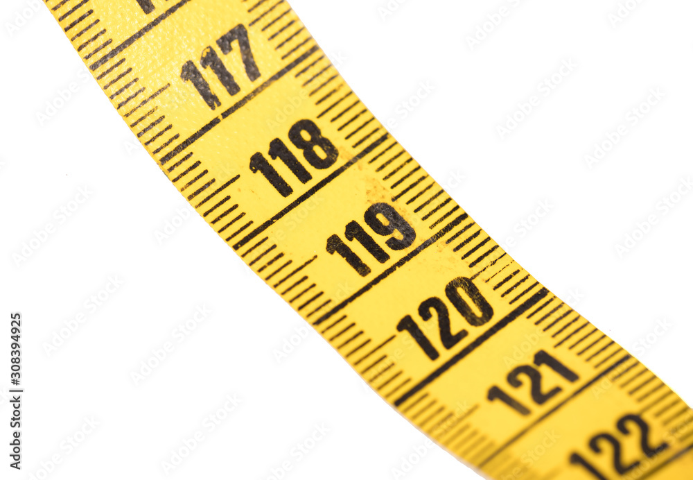 Close-up of a yellow measuring tape isolated on white - 119 Close-up of a yellow measuring tape isolated on white - 119