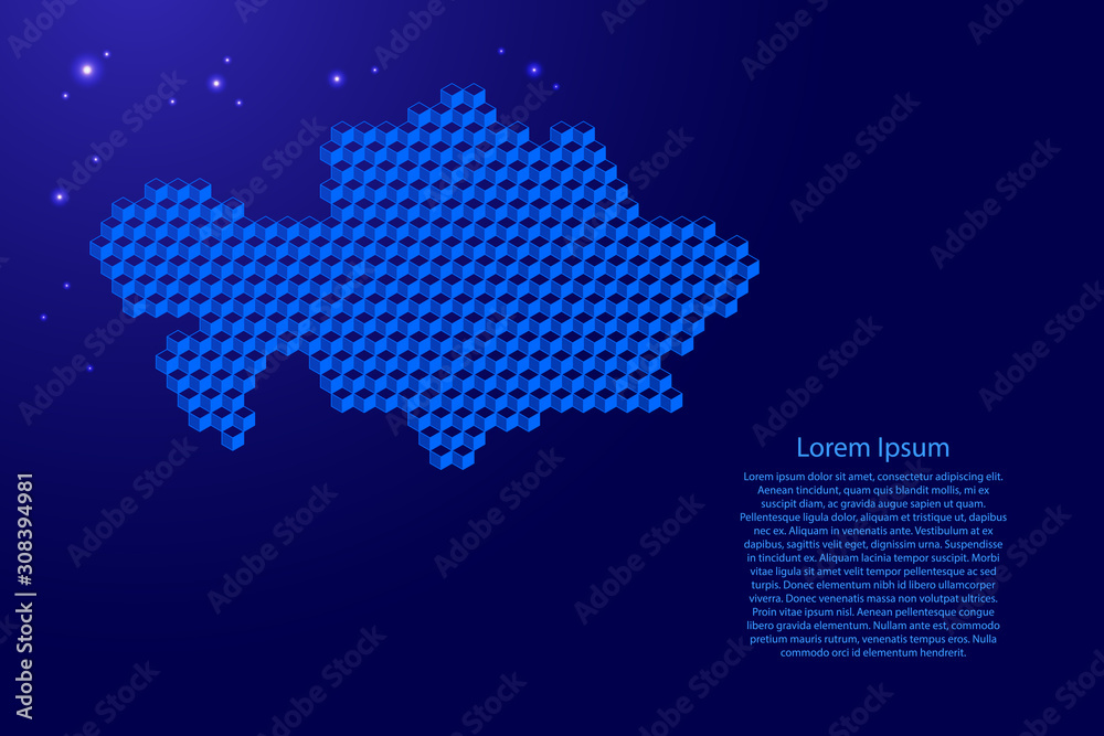 Kazakhstan map from 3D blue cubes isometric abstract concept, square pattern, angular geometric shape, glowing stars. Vector illustration.