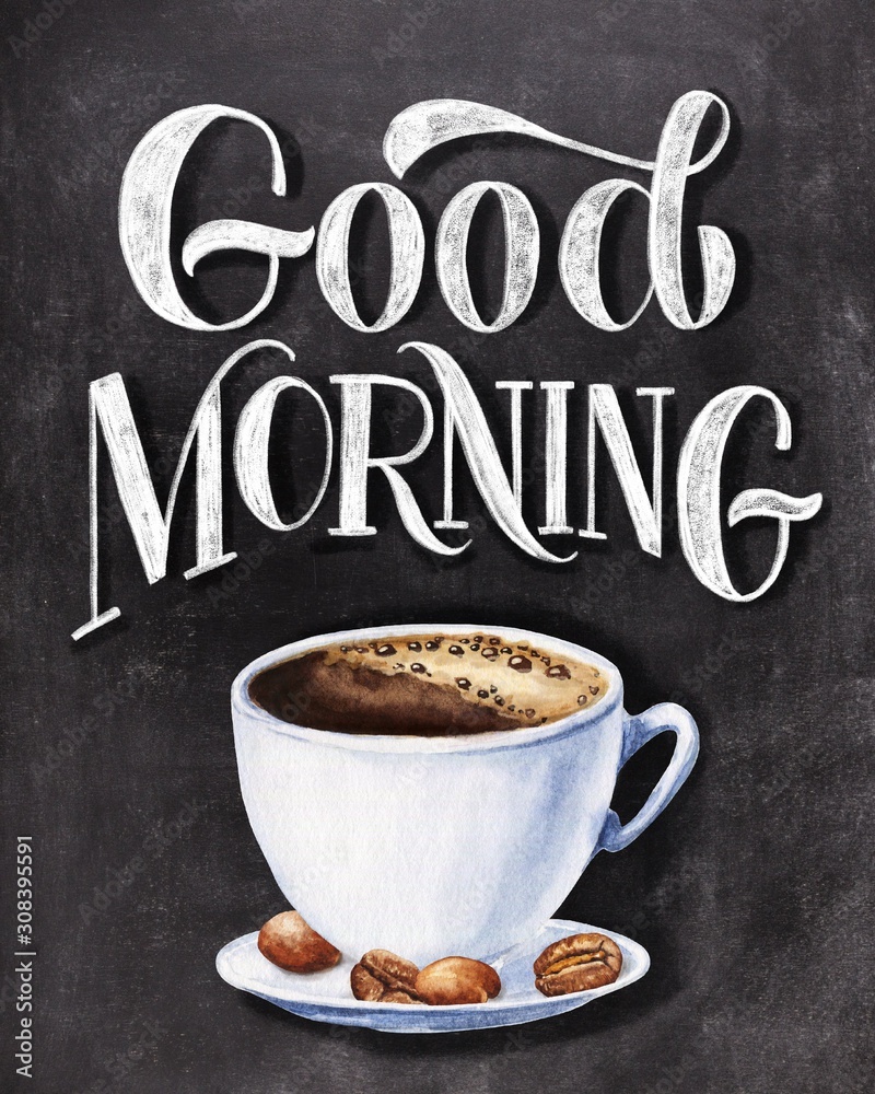 Photographie Good morning chalk hand lettering with colorful cup  illustration on black chalkboard background - Acheter-le sur Europosters.fr