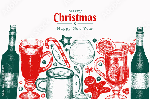 Winter drinks vector design template. Hand drawn engraved style mulled wine, hot chocolate, spices illustrations. Vintage christmas background.