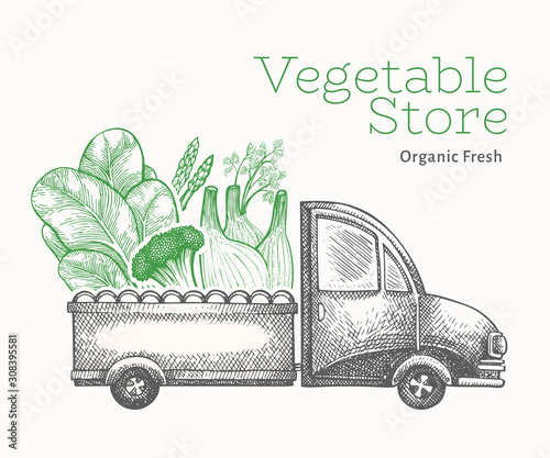 Green vegetables shop delivery logo template. Hand drawn vector truck with vegetables illustration. Engraved style retro food design.