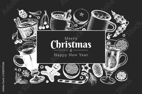 Winter drinks vector banner template. Hand drawn engraved style mulled wine, hot chocolate, spices illustrations on chalk board. Vintage christmas background.