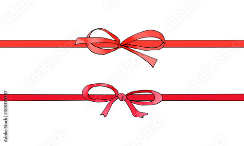 Festive red ribon tied bows with watercolor texture. Holiday collection. For postcards, greetings, cards, logo. Hand drawn package and box decoration. Birthday, anniversary, Valentine, Christmas gift.