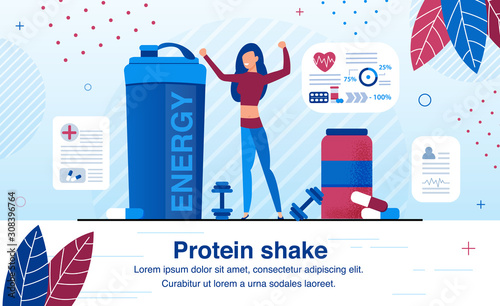 Sport Nutrition Supplements for Energy Revival After Hard Training Trendy Flat Vector Ad Banner, Promo Poster Template. Woman, Female Athlete Drinking Protein Shake After Workout in Gym Illustration