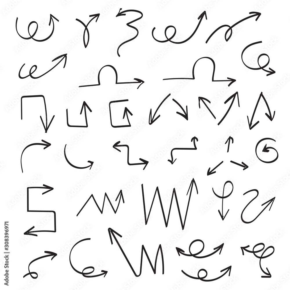 Hand drawn arrow set. Sketched arrows isolated. Doodle drawing Hand drawn arrow set. Sketched arrows isolated. Doodle drawing
