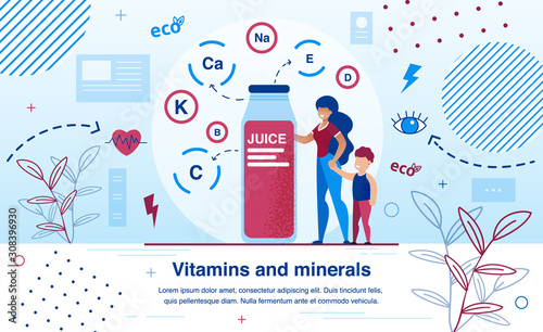 Vitamins and Minerals for Children Growth and Development Trendy Flat Vector Banner, Poster Template. Mother Buying Fresh Juice in Glass Bottle, Full of Useful for Sight Heath Vitamins Illustration