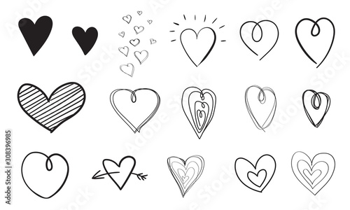 Hand drawn heart set. Sketched hearts doodle style