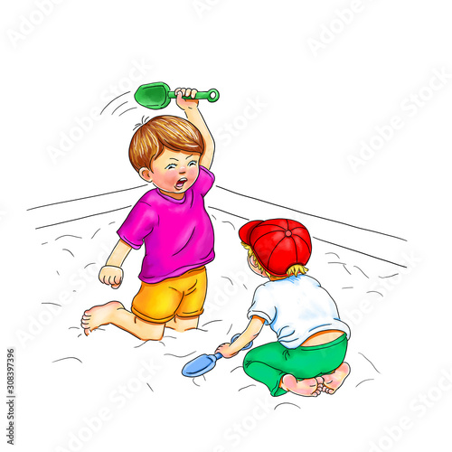 Du spinnst wohl? Jungen Kinder sitzen barfuß Sandkasten spielen Schaufel Sand Streit Konflikt ausholen schlagen Prügel Rauferei Kindergarten Kita Meinung Aggression Gewalt aggressiv