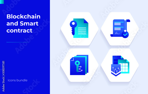 Smart contract electronic blockchain for payment platform. Icons set. Key Security Cryptography Signature Agreement Transactions Document Data Certificate and Bitcoin. Isolated vector illustration