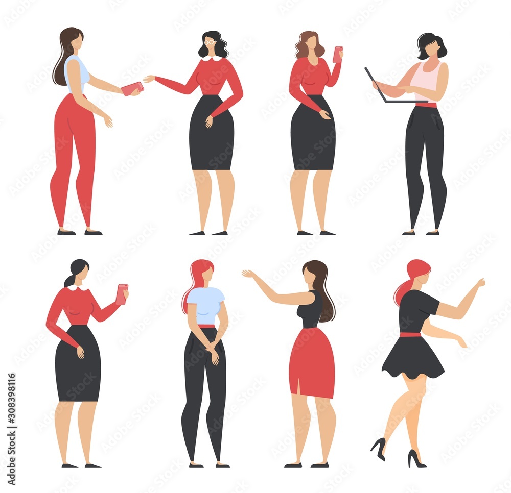 Cartoon Beautiful Women in Different Outfits Set