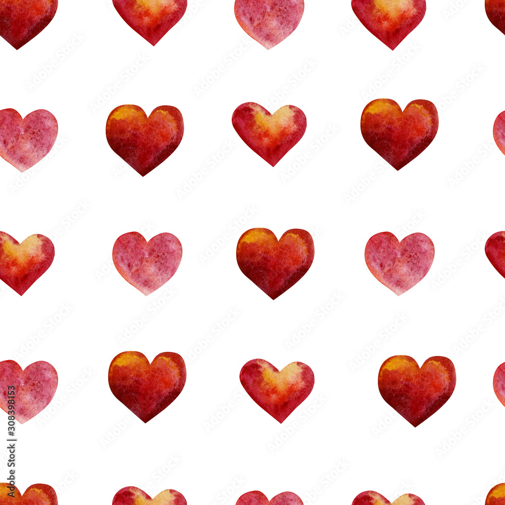 Watercolor seamless pattern with red hearts. Background romantic design about Happy Valentine's day or wedding background for greeting card, wrapping paper and textile fabric.