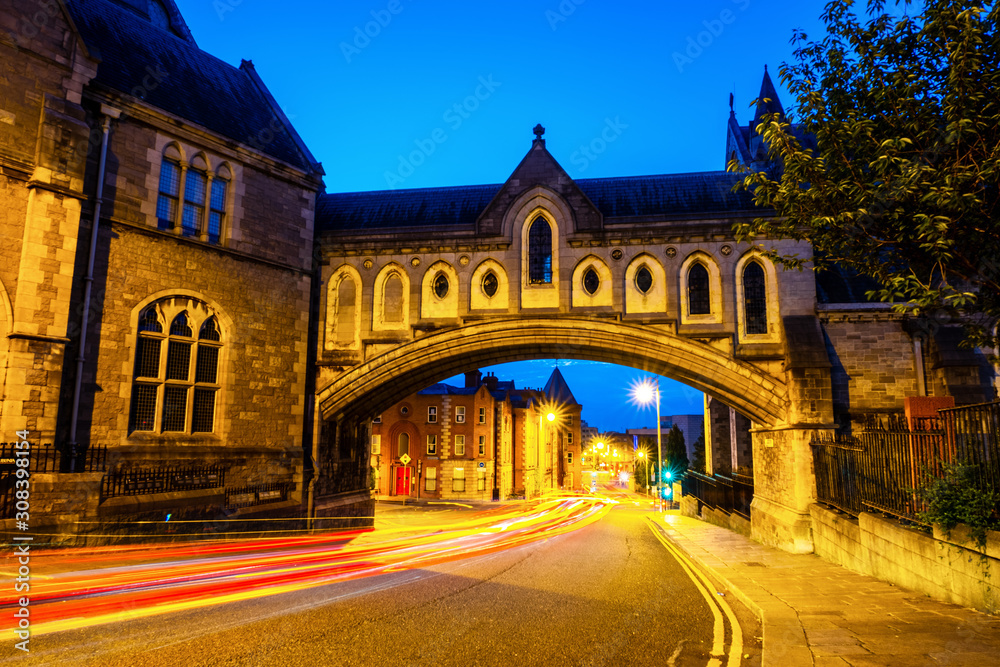 Illuminated Arch of the Christ Church Cathedral in Dublin, Ireland at night