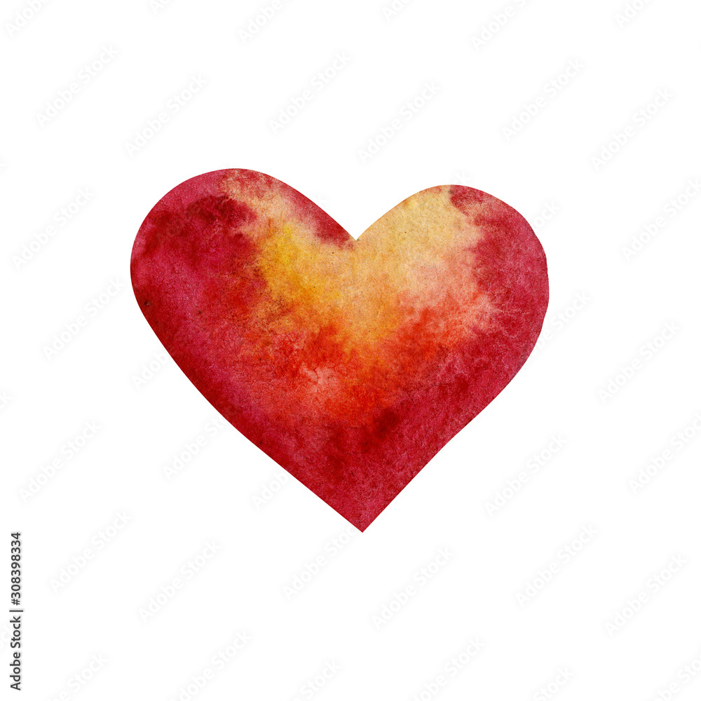 Watercolor hand drawn red heart isolated on white background for text design, label, valentines day. Abstract aquarelle wet brush paint lovely element for card, print, icon.