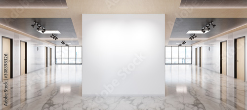 Blank wall in marble and wooden office mockup with large windows and sun passing through 3D rendering photo