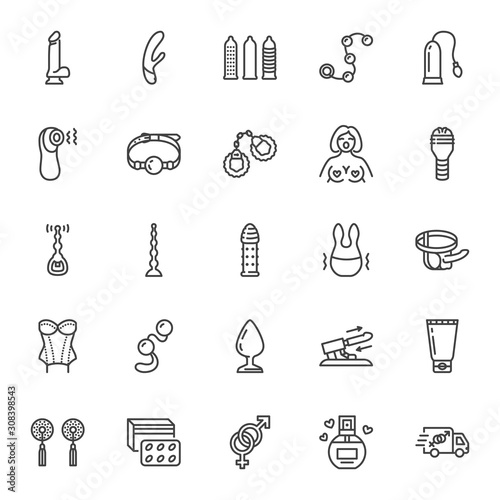 Sex shop flat line icons set. Adult toys, vibrator, dildo, bdsm handcuffs, perfume with pheromones, stimulant vector illustrations. Outline pictogram for sexshop. Pixel perfect 64x64 Editable Strokes