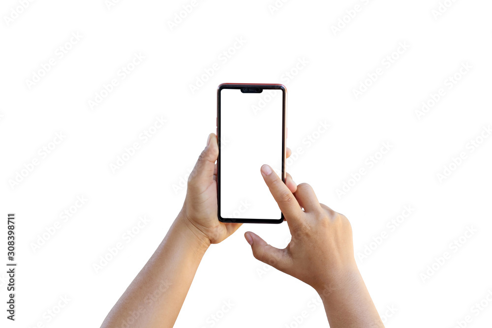 The hand is holding the white screen, the mobile phone is isolated on a white background. The hand is holding the white screen, the mobile phone is isolated on a white background.