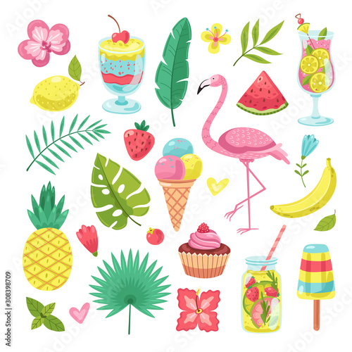 Summer elements. Tropical vacation photo booth props. Flamingo, ice cream and pineapple, leaves and cocktail, flower and smoothies vector set. Illustration pineapple and flamingo, cocktail tropical