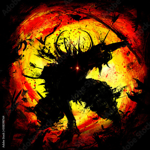 Leinwand Poster A sinister silhouette of a demon samurai with a sword and horns, glowing eyes on the background of yellow bloody vortex