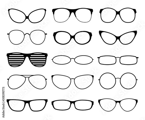 Glasses silhouettes. Fashion sunglasses frames, black spectacles. Geek and hipster eyewears. Man woman glasses. Vector icons set of eyesight lens, eyeglasses rim illustration