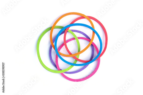 Elastic band rubber, multicolor rubber bands isolated on on white background, Colored elastic rubber bands