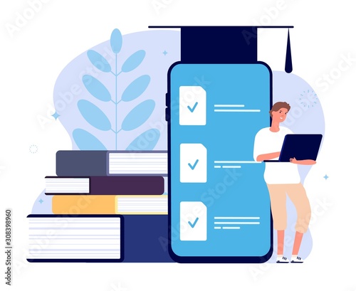 Distance learning. E Learning graduates student, online college. Man with laptop and books, person studying in digital academy. Internet teaching vector concept. Illustration student study online