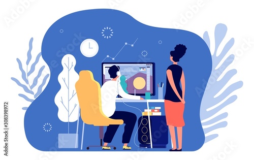 Graphic designers. Professional design, designer working at computer. Creative digital artist and editor vector characters. Illustration artist freelance drawing workspace