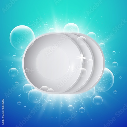 Clean dish. Shiny white plates washing. Realistic ceramic serving and soap bubbles vector background. Illustration dish plate, clean wash utensil