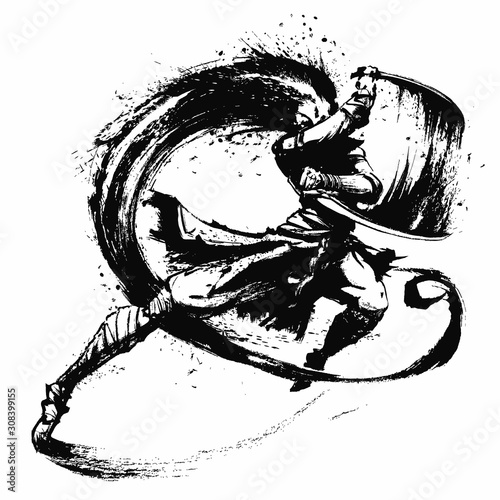 A ninja girl with two daggers and long hair froze in a jump on one leg on white . 2D illustration.