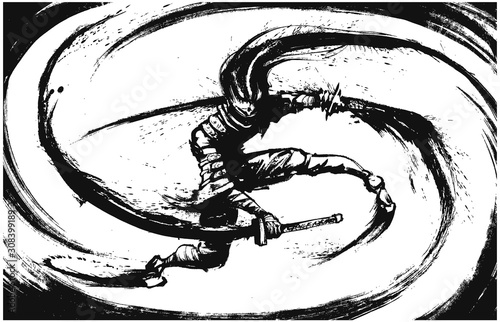 A ninja with two swords making circular cuts around himself leaving ink splashes, on a white background . 2D illustration