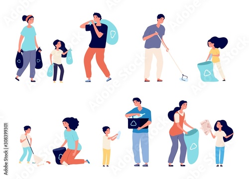 Families collect garbage. Men women and kids sorting recycling waste. People cleaning environment nature. Isolated vector family characters. Illustration collect garbage and recycling pollution