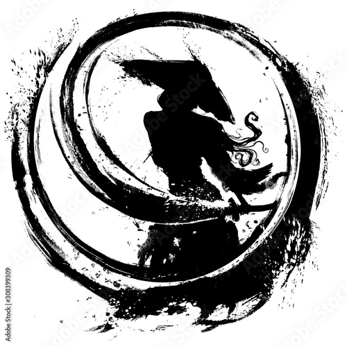 The silhouette of a samurai woman with long hair and a wide hat with a katana in her hands, describes ink circles with her sword. 2d illustration.