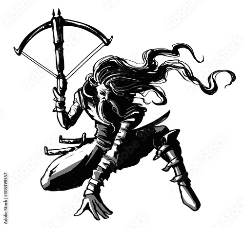 Fotografering A bounty hunter in a dynamic pose, with long hair, a mustache and a crossbow in his hand, loaded with two arrows, on a white background