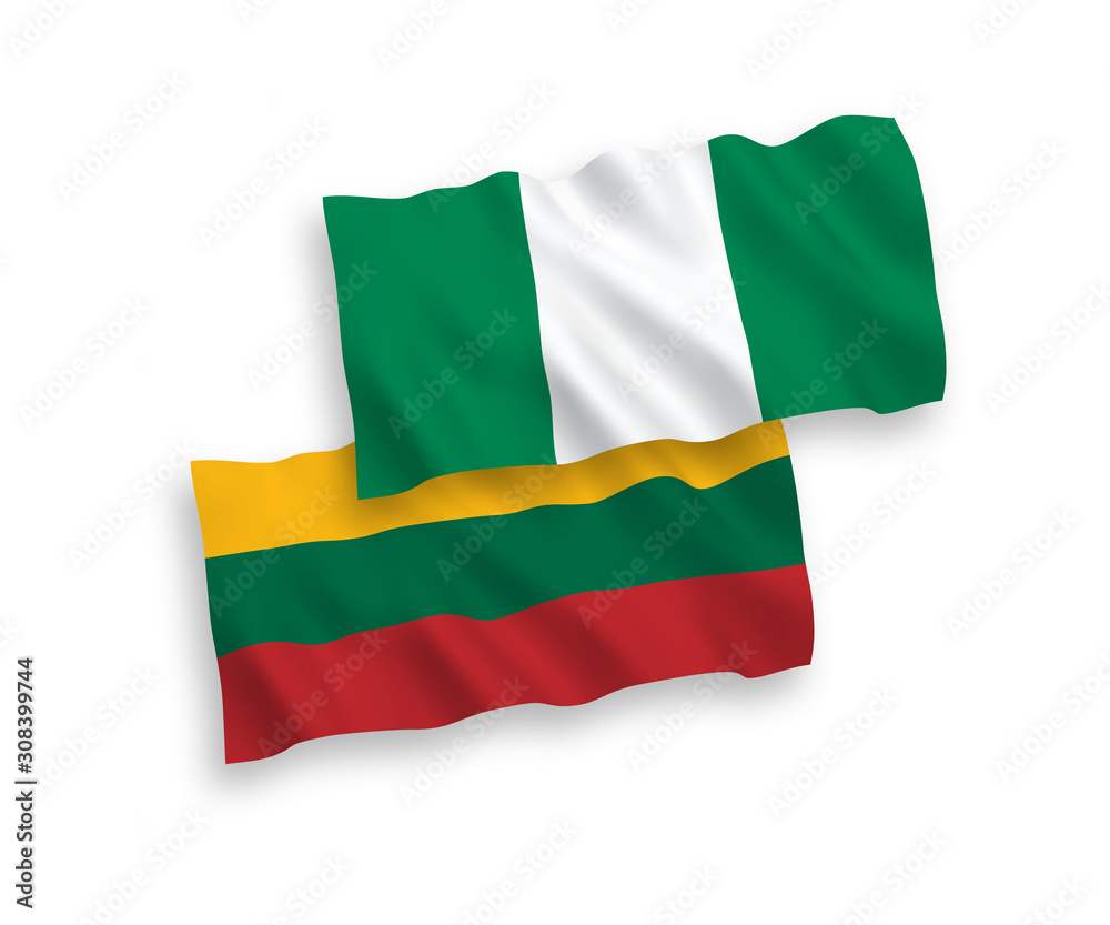 Obraz premium National vector fabric wave flags of Lithuania and Nigeria isolated on white background. 1 to 2 proportion.