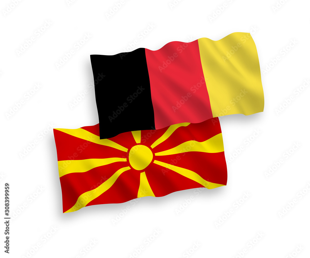 Fototapeta premium National vector fabric wave flags of North Macedonia and Belgium isolated on white background. 1 to 2 proportion.