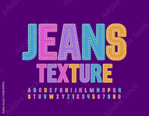 Vector Jeans Texture Font. Colorful denim Alphabet. Textile bright Letters and Numbers