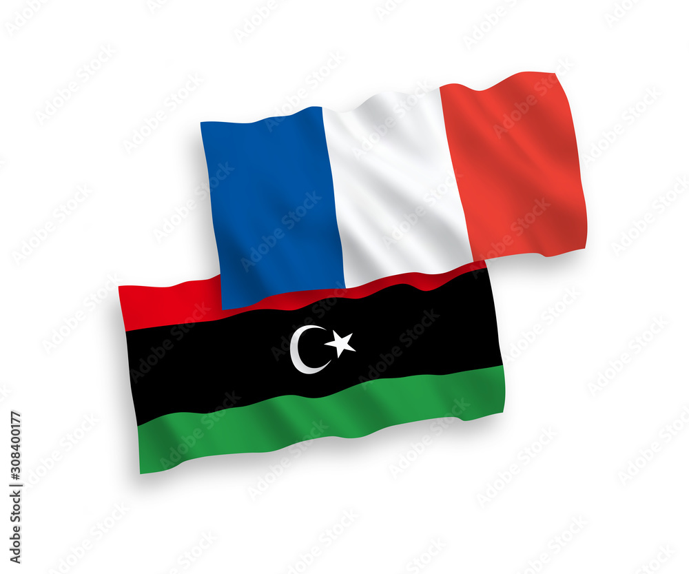National vector fabric wave flags of France and Libya isolated on white background. 1 to 2 proportion.